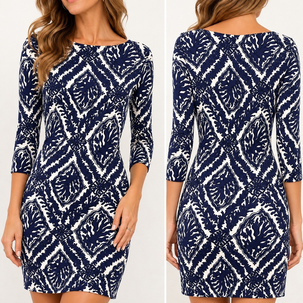 Lilly Pulitzer Navy‎ White Geometric Print Supima Cotton Sweater Dress XS